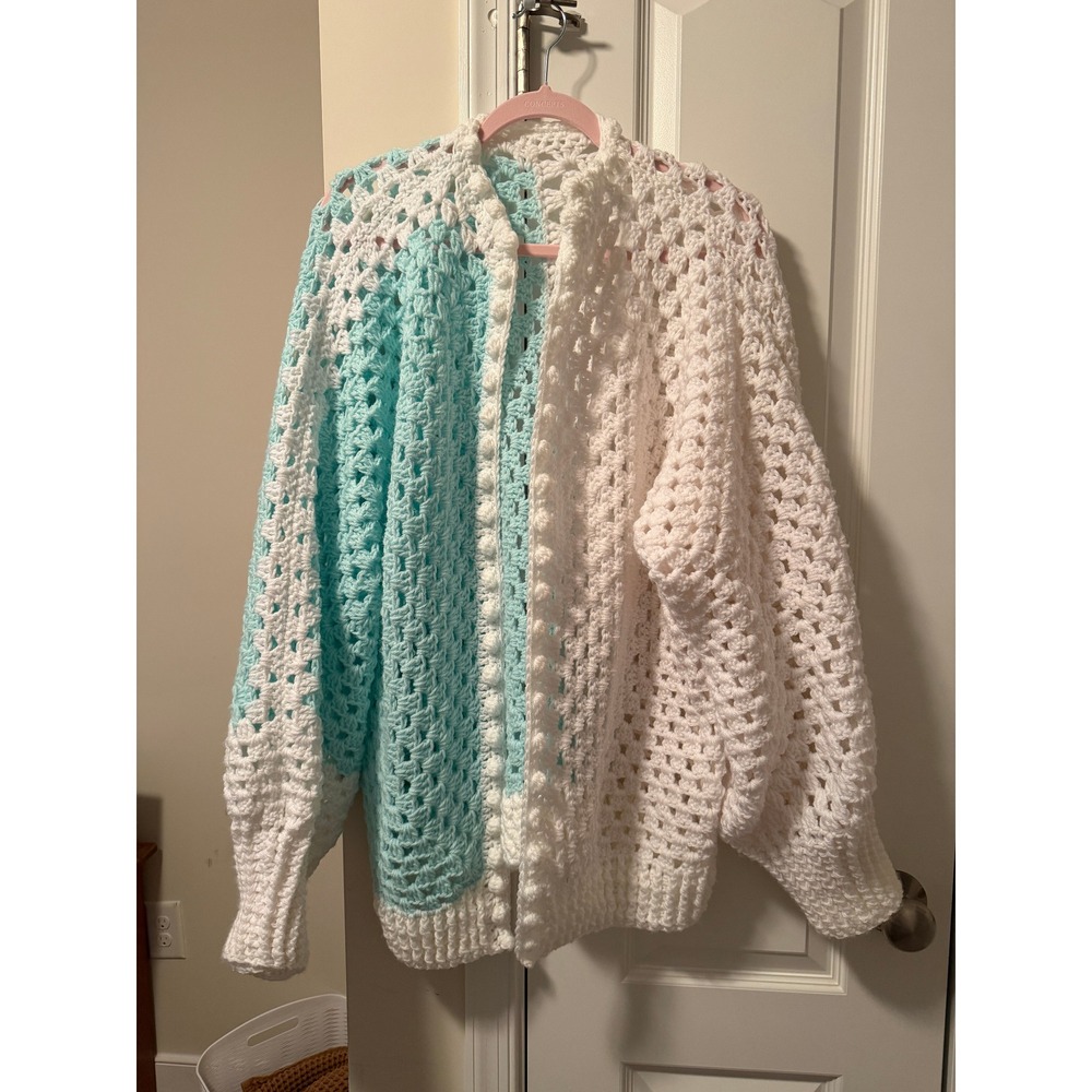 Handmade Crochet Cardigan Teal and White Split Color Bobble Trim Boho Sweater